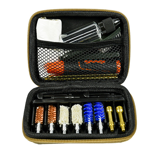 Handgun cleaning kit includes 2 sizes ( 9mm & .45 cal.).
