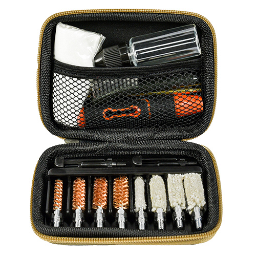 Handgun cleaning kit includes 4 sizes (.22, 9mm, .40, .45cal.).
